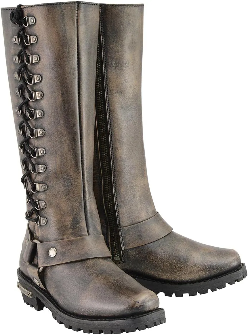 Milwaukee Leather Women's Distressed Brown Leather 14-inch Classic Harness Square Toe Motorcycle Rider Boots MBL9368-7