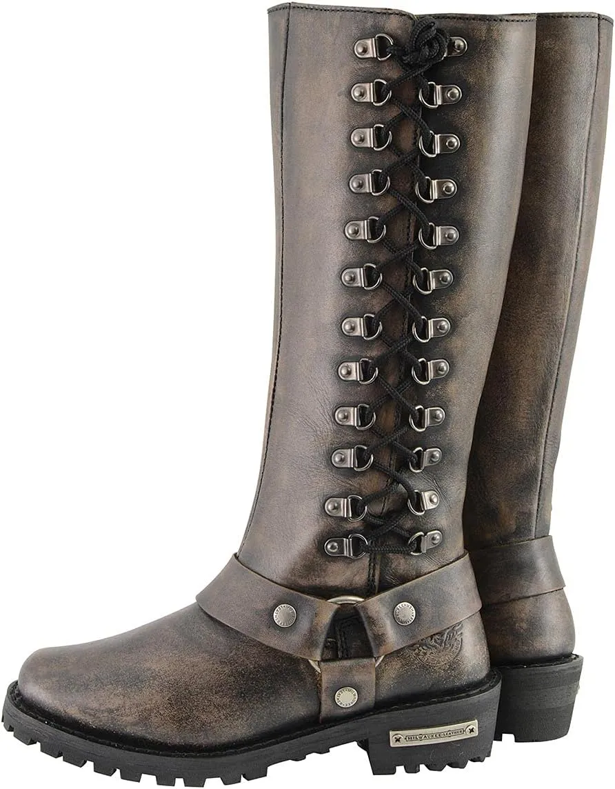 Milwaukee Leather Women's Distressed Brown Leather 14-inch Classic Harness Square Toe Motorcycle Rider Boots MBL9368-7