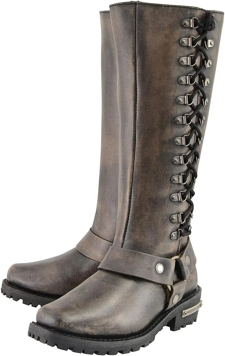 Milwaukee Leather Women's Distressed Brown Leather 14-inch Classic Harness Square Toe Motorcycle Rider Boots MBL9368-7