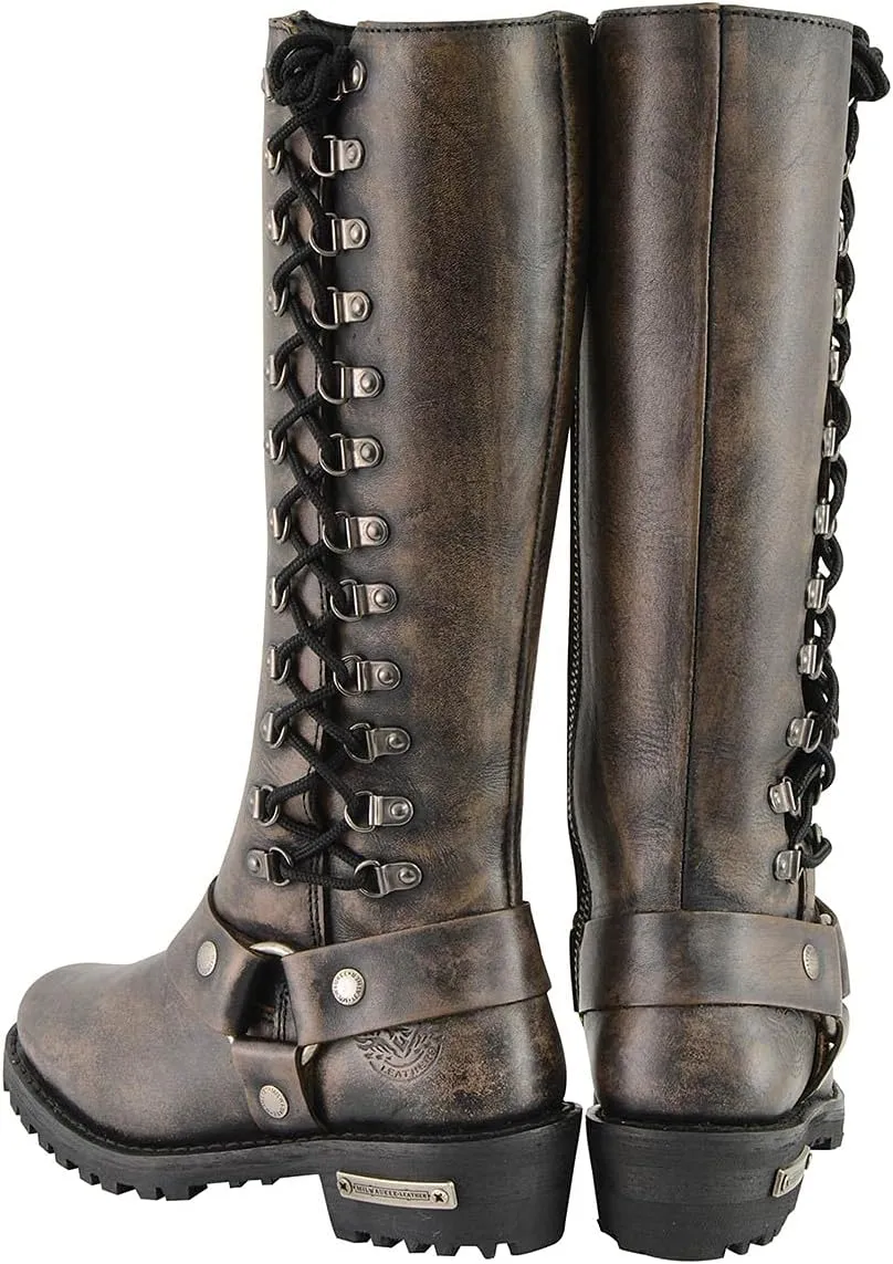 Milwaukee Leather Women's Distressed Brown Leather 14-inch Classic Harness Square Toe Motorcycle Rider Boots MBL9368-7