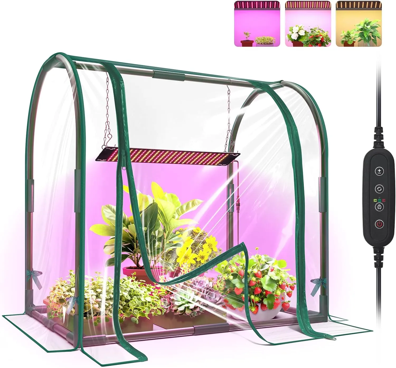 Mini Indoor Greenhouse with Grow Lights, 27.2"L X 19.9"W X 27.2"H Desktop Small Greenhouse with Zippered Door and PVC Cover for Seed Starting, 1.6FT 18W Plant Light for Indoor Plants with Timer