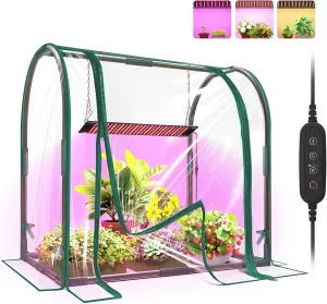 Mini Indoor Greenhouse with Grow Lights, 27.2"L X 19.9"W X 27.2"H Desktop Small Greenhouse with Zippered Door and PVC Cover for Seed Starting, 1.6FT 18W Plant Light for Indoor Plants with Timer