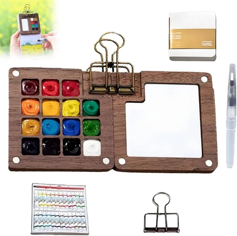 Mini Watercolor Kit，Travel Watercolor Kit with Contains Pigments，Compact Wooden Grid Paint Box，Suitable for Artists, Beginners and Professionals (1PC-15Color)