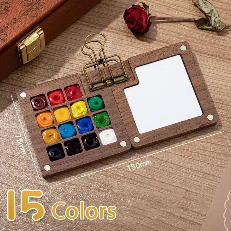 Mini Watercolor Kit，Travel Watercolor Kit with Contains Pigments，Compact Wooden Grid Paint Box，Suitable for Artists, Beginners and Professionals (1PC-15Color)