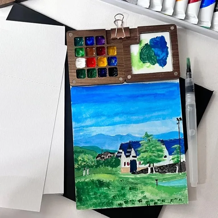 Mini Watercolor Kit，Travel Watercolor Kit with Contains Pigments，Compact Wooden Grid Paint Box，Suitable for Artists, Beginners and Professionals (1PC-15Color)