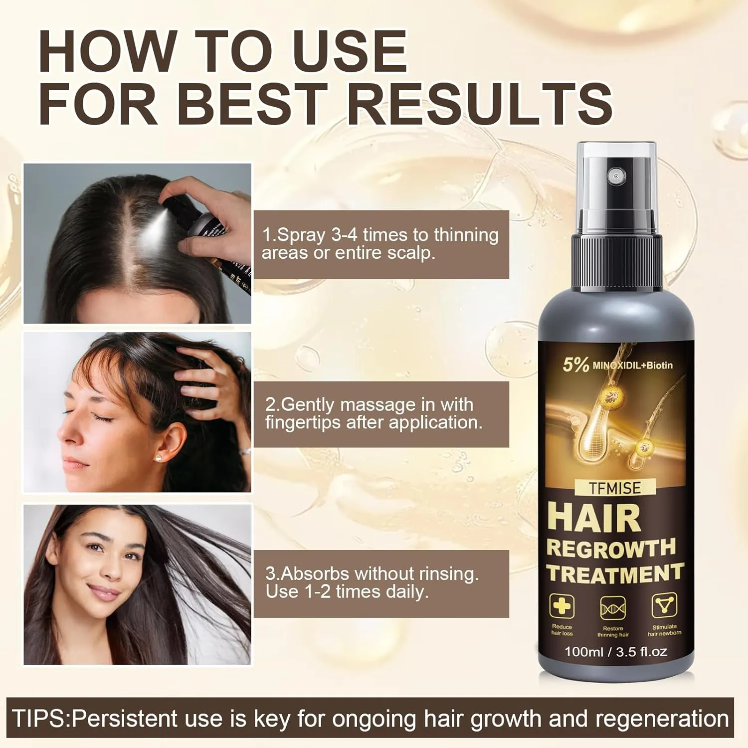Minoxidil Spray - 5% Minoxidil for Men, Minoxidil for Women Hair Growth Products, Extra Strength Hair Regrowth Treatments with Biotin, Help to Stop Loss Hair Unscented Light and non Greasy 3.38 Fl.OZ