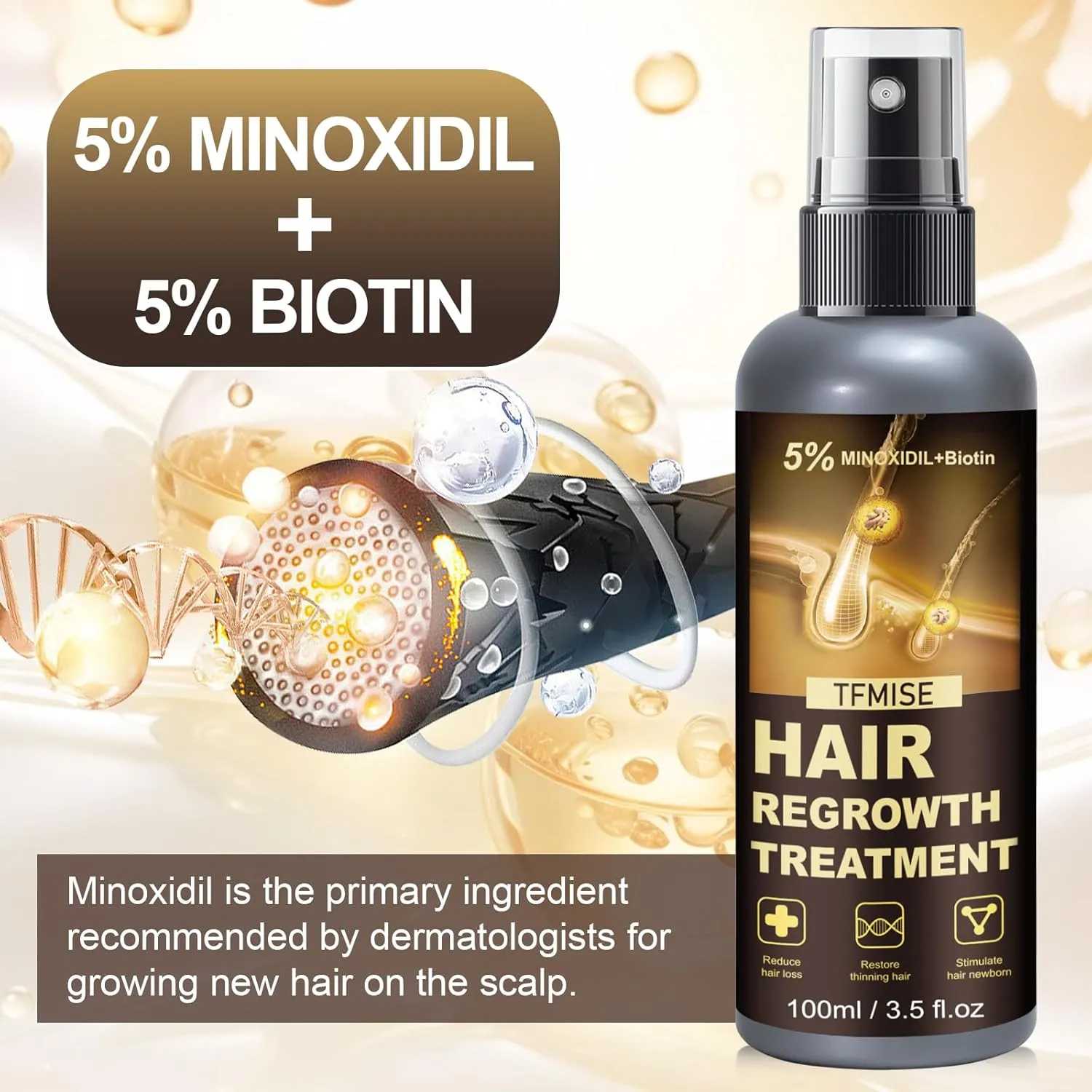 Minoxidil Spray - 5% Minoxidil for Men, Minoxidil for Women Hair Growth Products, Extra Strength Hair Regrowth Treatments with Biotin, Help to Stop Loss Hair Unscented Light and non Greasy 3.38 Fl.OZ