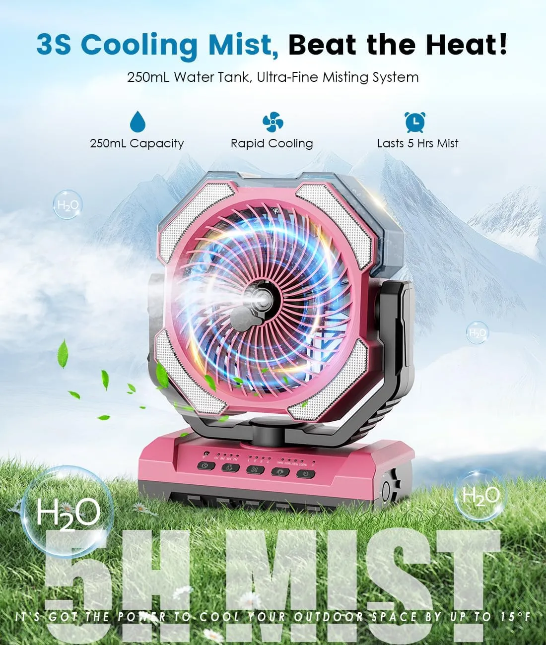 Misting Fan - Pink Portable Rechargeable Fan with 9oz Water Tank, Light, Hook - Versatile, 120H MAX Cooling, Last 5H Mist, 4 Speed, Sleep Mode - Outdoor Fans for Camping, Travel, Patios