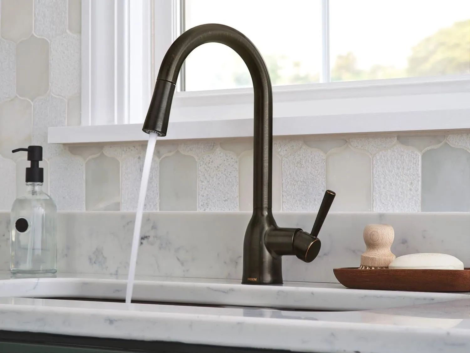 Moen 87233BRB Adler One-Handle High Arc Pulldown Kitchen Faucet with Power Clean, Mediterranean Bronze