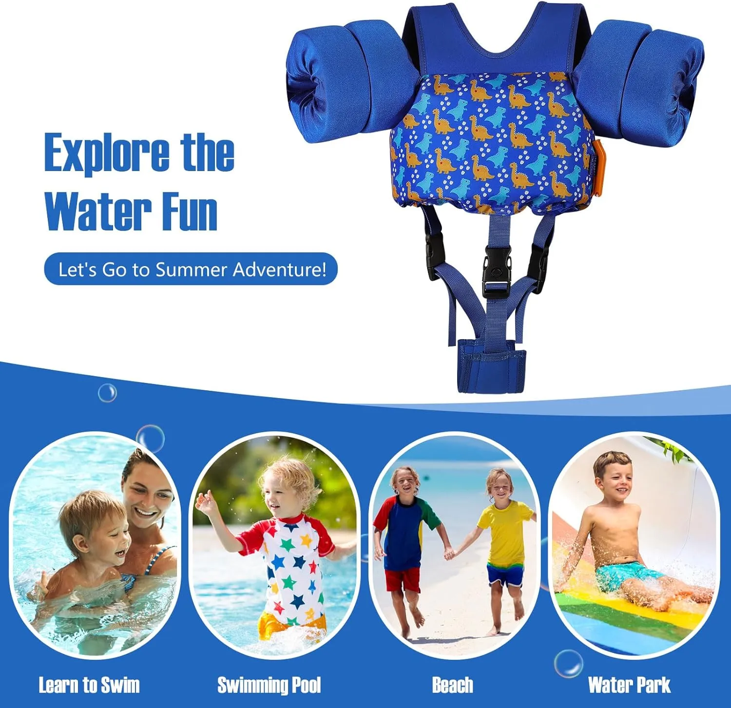 MoKo 13-30/30-70 lbs Toddler Floaties Arm Floaties, Toddler Swim Vest Cartoon Swim Arm Band for Kids with Crotch Strap Pool Float Vests Sleeves Shoulder Straps Learn to Swim