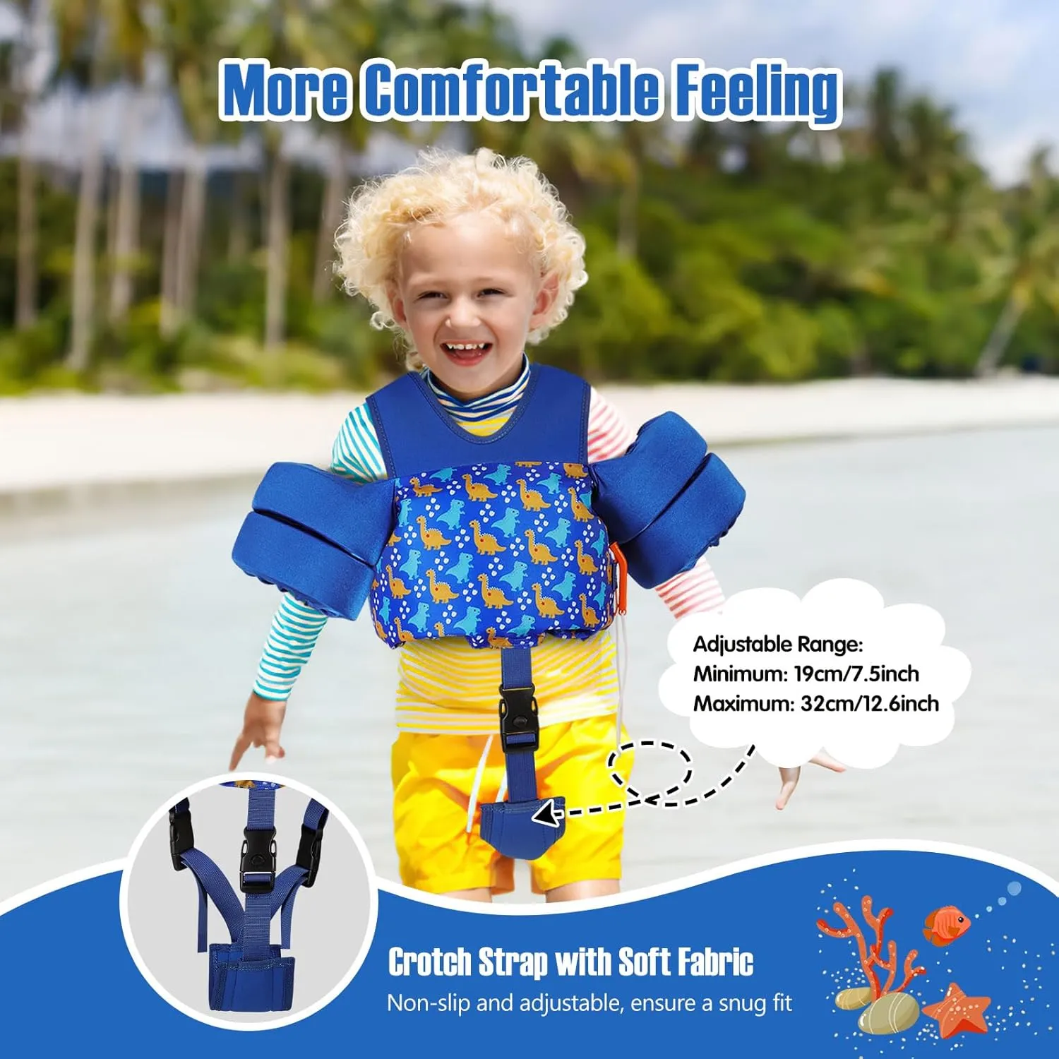 MoKo 13-30/30-70 lbs Toddler Floaties Arm Floaties, Toddler Swim Vest Cartoon Swim Arm Band for Kids with Crotch Strap Pool Float Vests Sleeves Shoulder Straps Learn to Swim