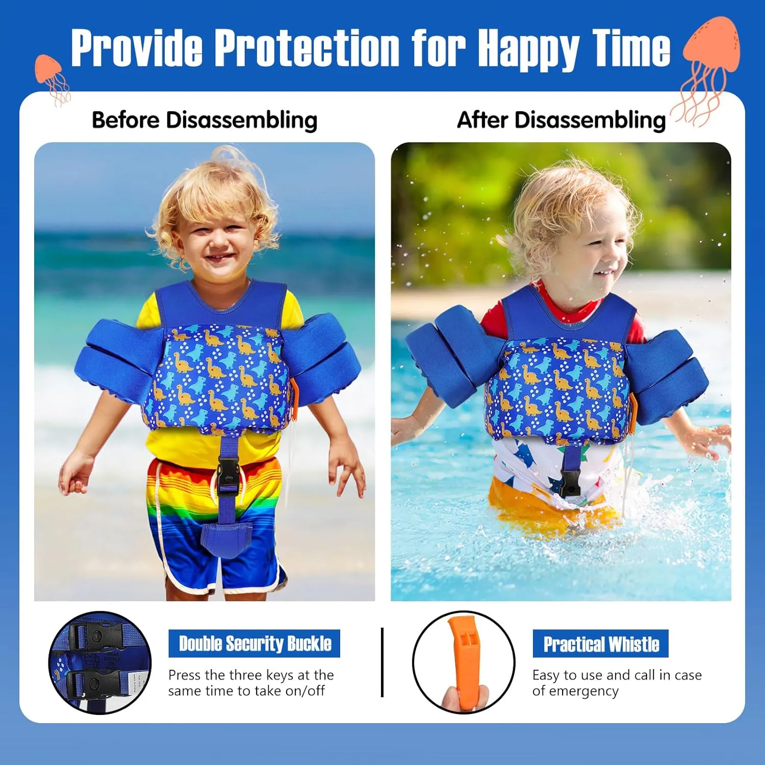 MoKo 13-30/30-70 lbs Toddler Floaties Arm Floaties, Toddler Swim Vest Cartoon Swim Arm Band for Kids with Crotch Strap Pool Float Vests Sleeves Shoulder Straps Learn to Swim