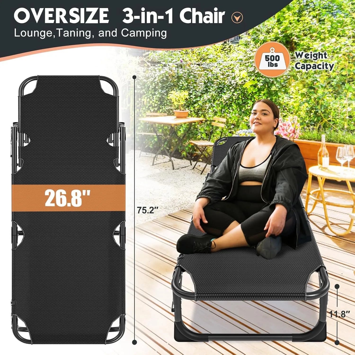 MOPHOTO 5-Position Folding Cot, Portable Outdoor Folding Chaise Lounge Chair for Sun Tanning, Perfect for Pool, Beach, Patio Sunbathing