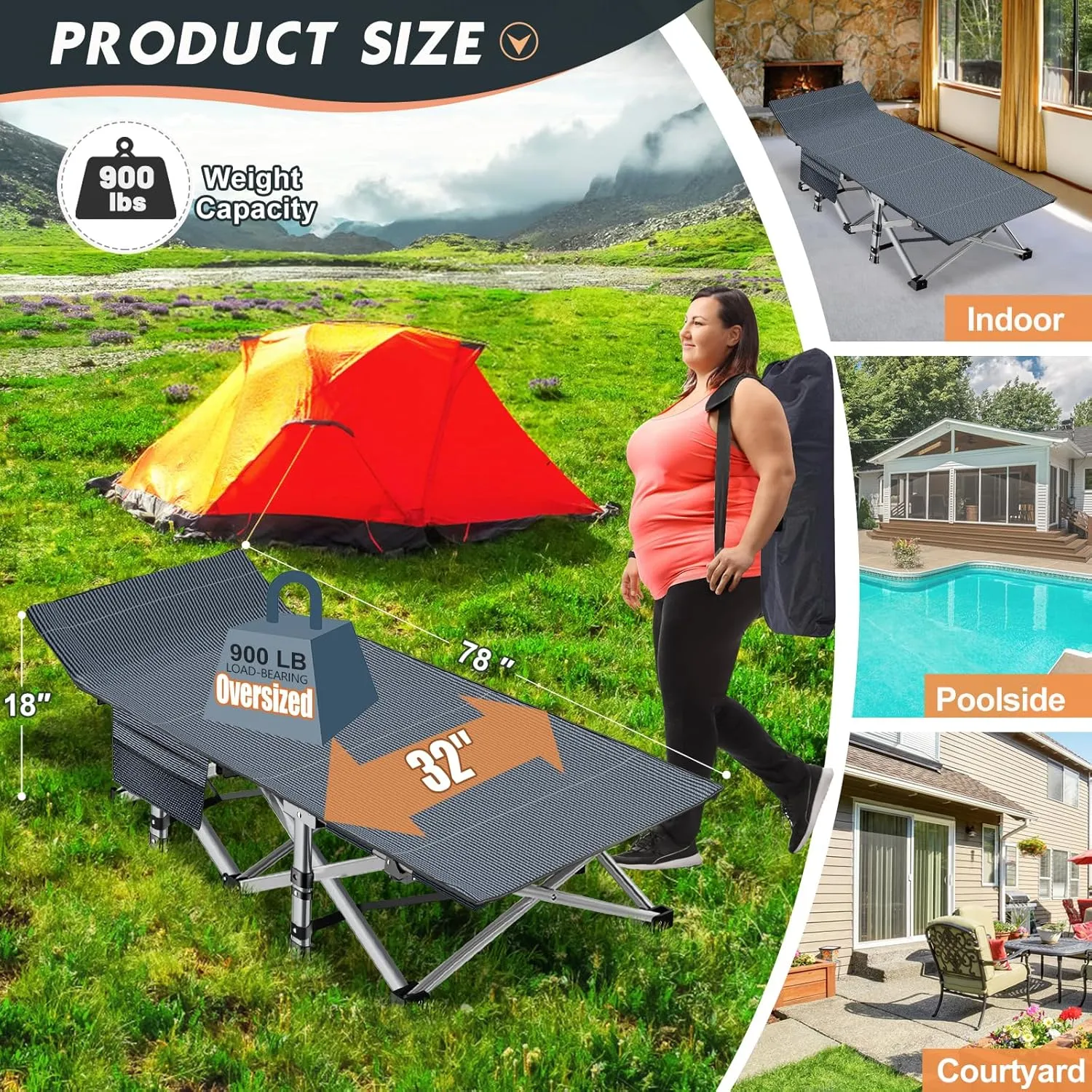 MOPHOTO Oversized Folding Camping Cot for Adults, 78" x 32" XXL Heavy Duty Sleeping Cots for Adults Portable Sleeping Bed Outdoor Camp Cot with Mattress for Home Camp Office Nap