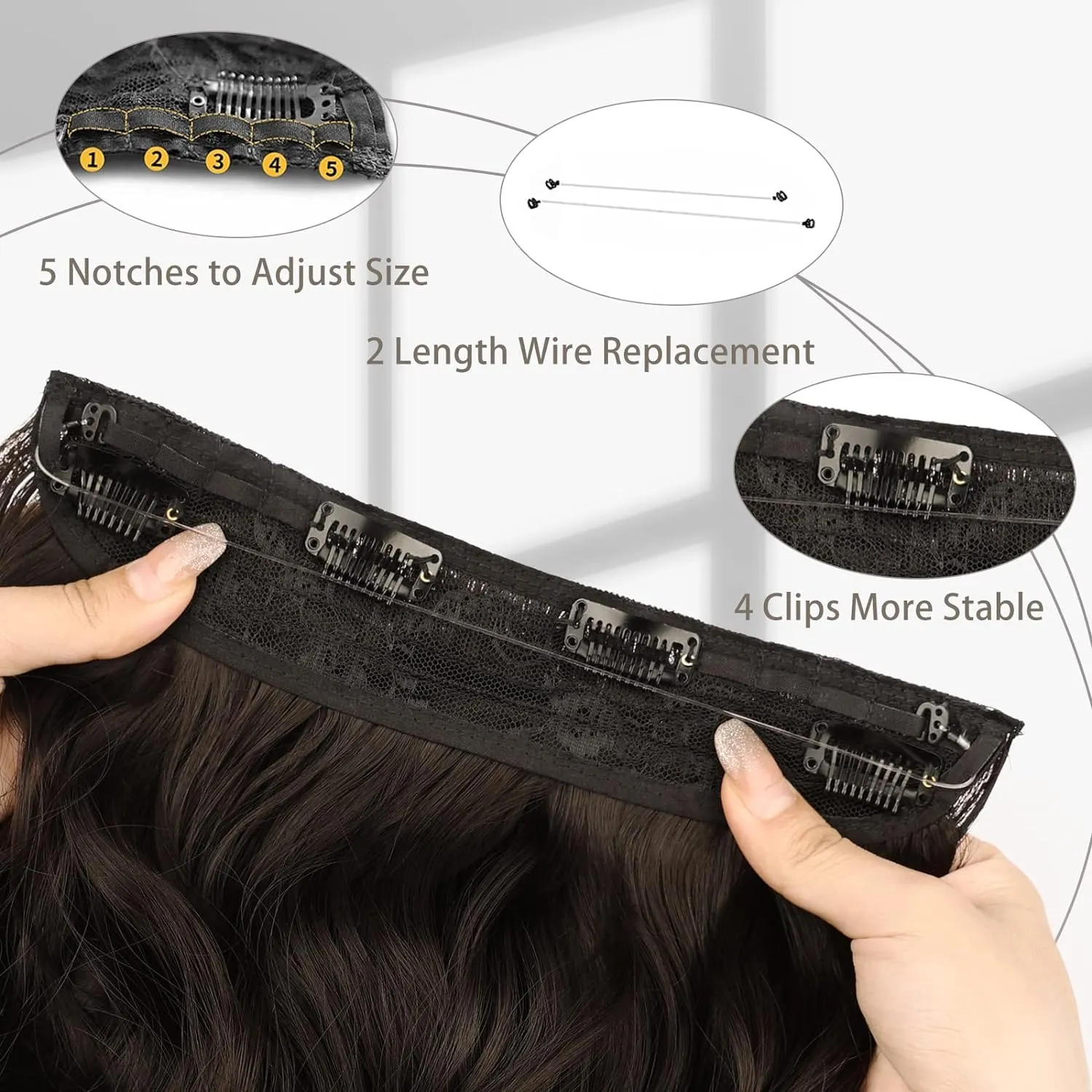 MORICA Invisible Wire Hair Extensions - 14 Inch Natural Black Long Wavy Synthetic Hairpiece with Transparent Wire Adjustable Size, 4 Secure Clips for Women(Natural Black,14Inch)