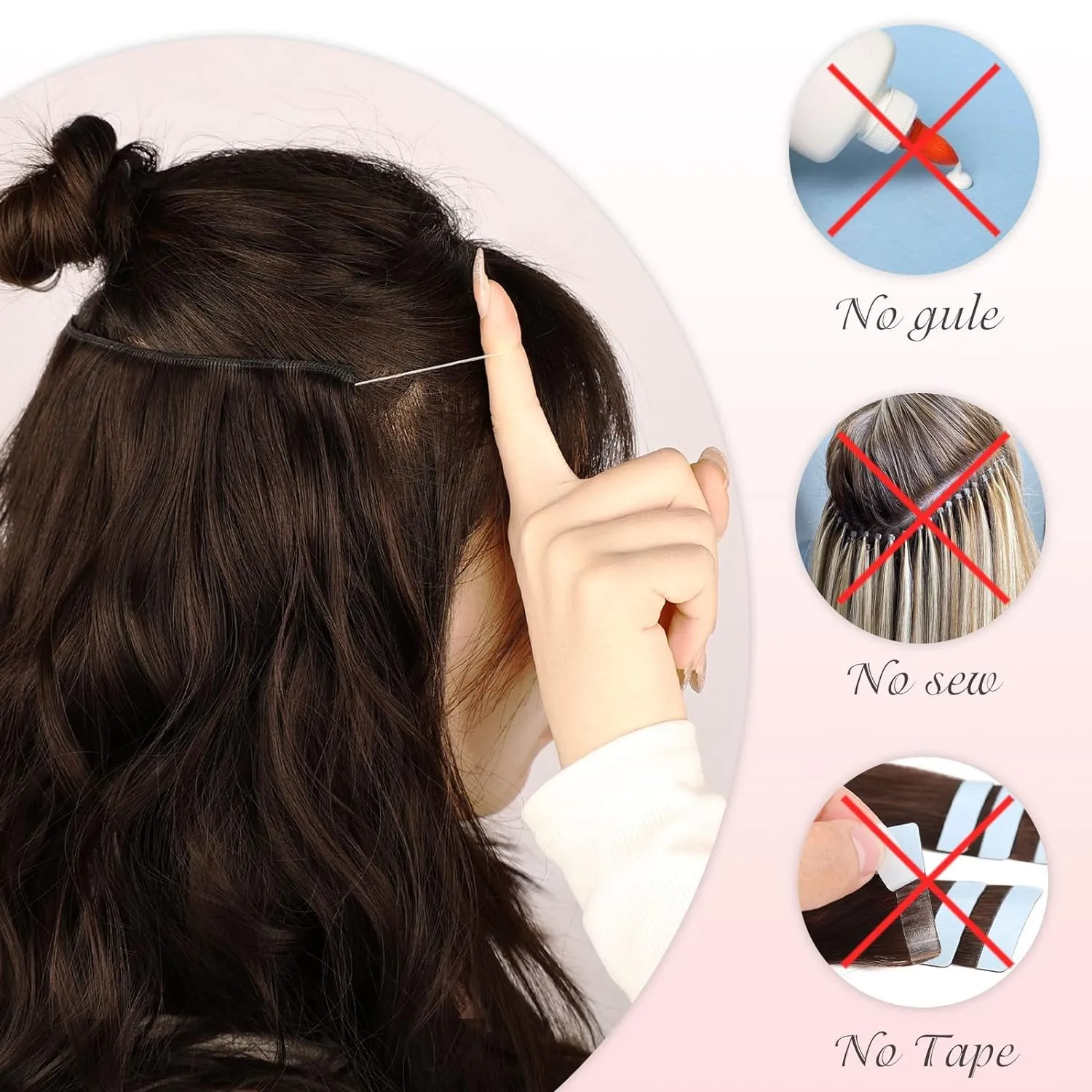 MORICA Invisible Wire Hair Extensions - 14 Inch Natural Black Long Wavy Synthetic Hairpiece with Transparent Wire Adjustable Size, 4 Secure Clips for Women(Natural Black,14Inch)
