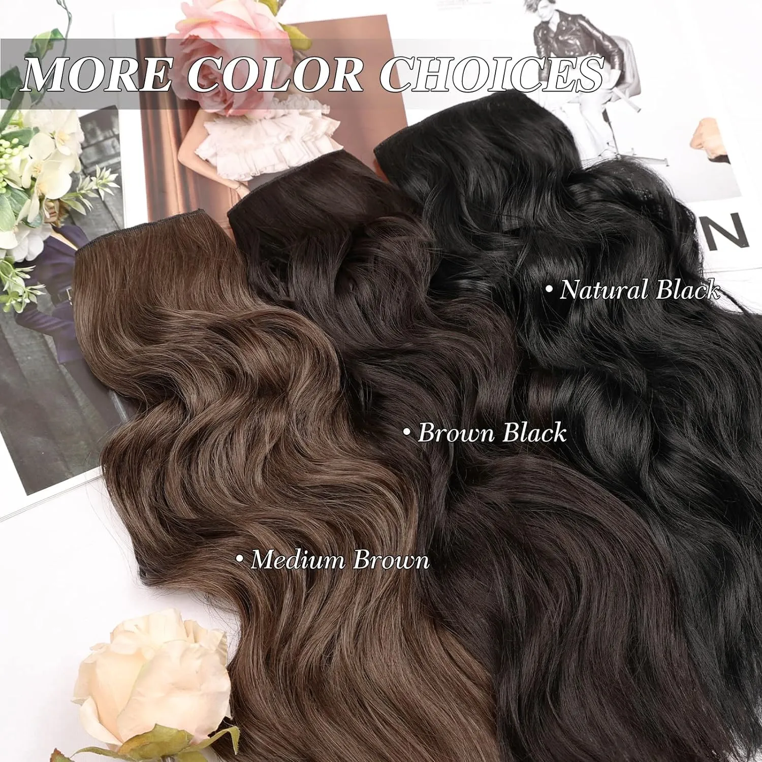 MORICA Invisible Wire Hair Extensions - 14 Inch Natural Black Long Wavy Synthetic Hairpiece with Transparent Wire Adjustable Size, 4 Secure Clips for Women(Natural Black,14Inch)