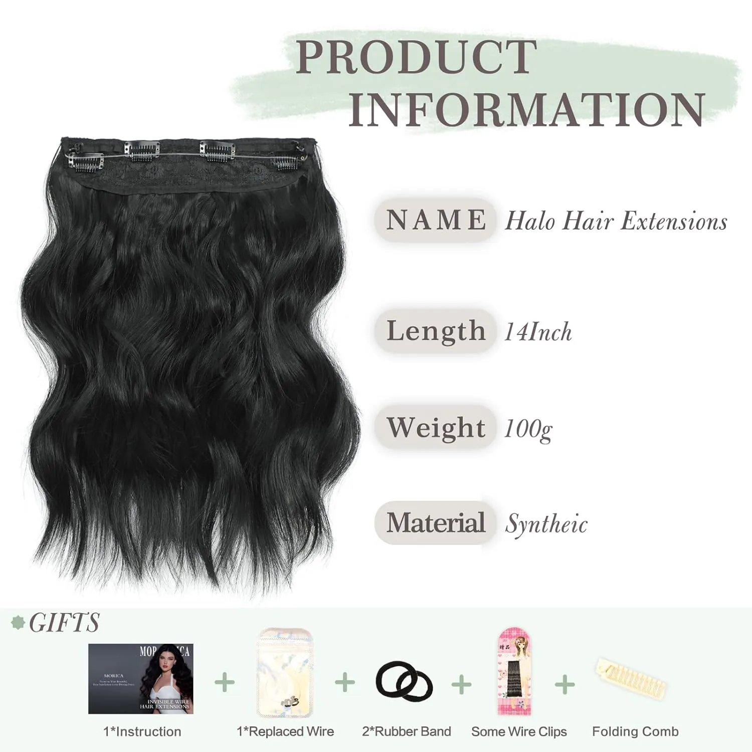 MORICA Invisible Wire Hair Extensions - 14 Inch Natural Black Long Wavy Synthetic Hairpiece with Transparent Wire Adjustable Size, 4 Secure Clips for Women(Natural Black,14Inch)