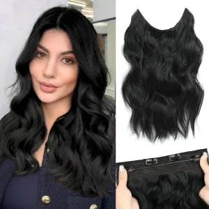 MORICA Invisible Wire Hair Extensions - 14 Inch Natural Black Long Wavy Synthetic Hairpiece with Transparent Wire Adjustable Size, 4 Secure Clips for Women(Natural Black,14Inch)