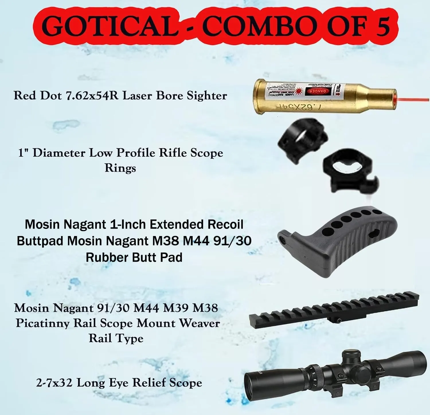 Mosin Nagant 2-7x32 Long Eye Relief Scope   Scout Rail Mount for Mosin Nagant 91/30 M38 M44 1891 91/30 1891/30 Rifles  1 Inch Ring   7.62 x 54R Caliber Cartridge Laser Bore Sighter