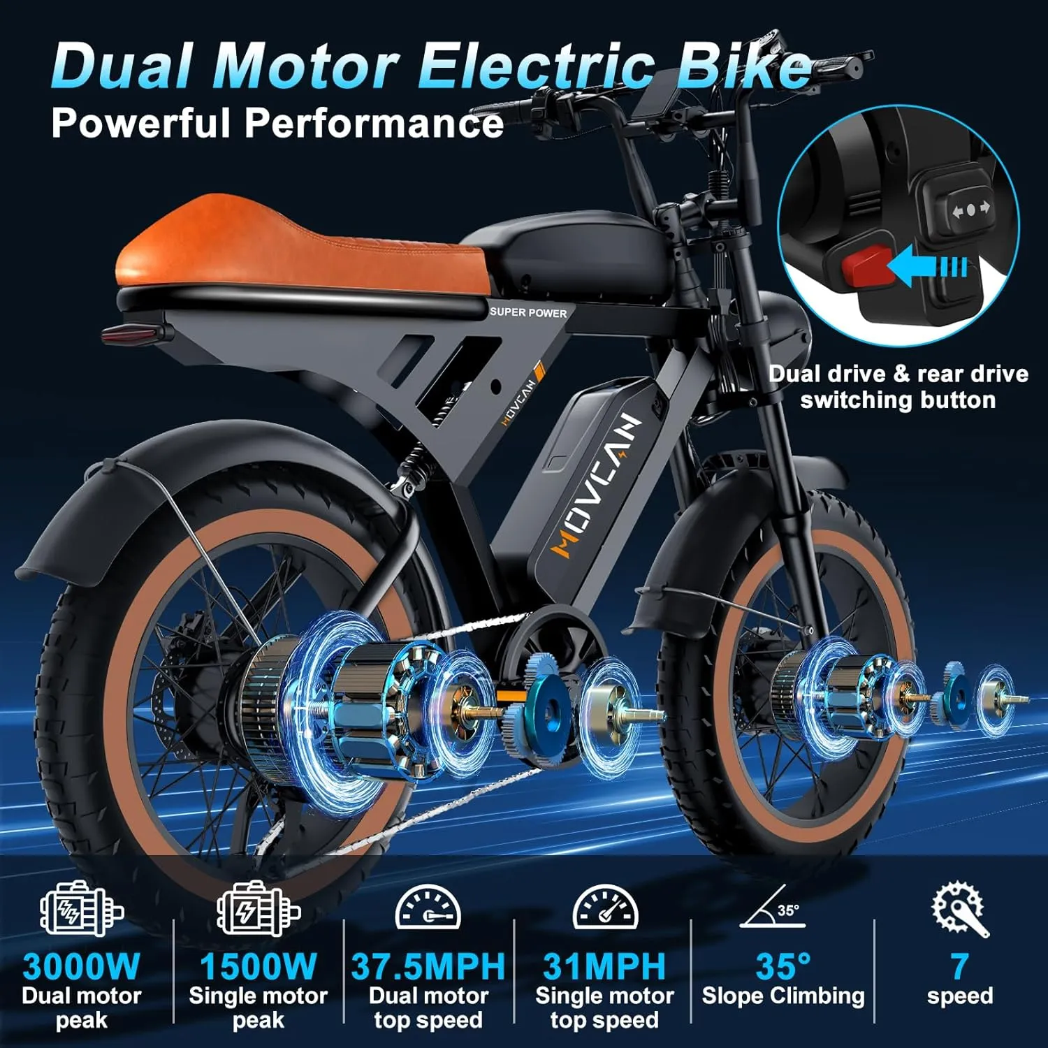 MOVCAN V30 Series Electric Bike for Adults 3000W/1500W/1000W Motor 20" Fat Tire Ebike,37.5MPH/32MPH/28MPH 120/70 Miles,48V 40Ah/31.2/15.6 AH Battery Hydraulic Disc Brake Electric Motorcycle Bike