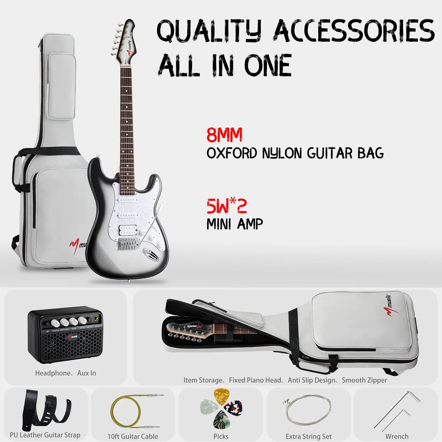 MST-1 39 Inch Electric Guitar Kit, Beginner Starter Full Size Solid Body Electric Guitar With HSS Pickups, Gig Bag, Amplifier, Strap, Cable, Picks, String (SilverBurst)