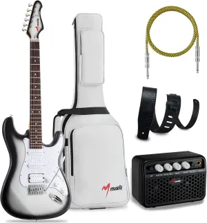 MST-1 39 Inch Electric Guitar Kit, Beginner Starter Full Size Solid Body Electric Guitar With HSS Pickups, Gig Bag, Amplifier, Strap, Cable, Picks, String (SilverBurst)