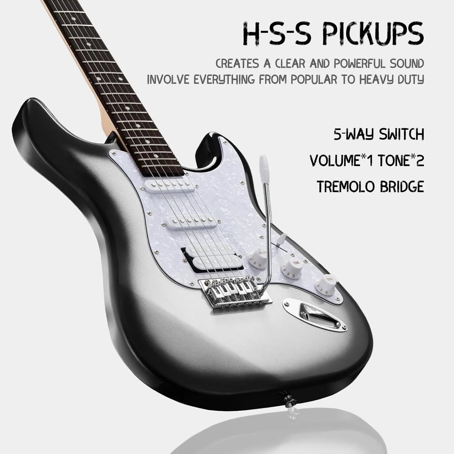 MST-1 39 Inch Electric Guitar Kit, Beginner Starter Full Size Solid Body Electric Guitar With HSS Pickups, Gig Bag, Amplifier, Strap, Cable, Picks, String (SilverBurst)