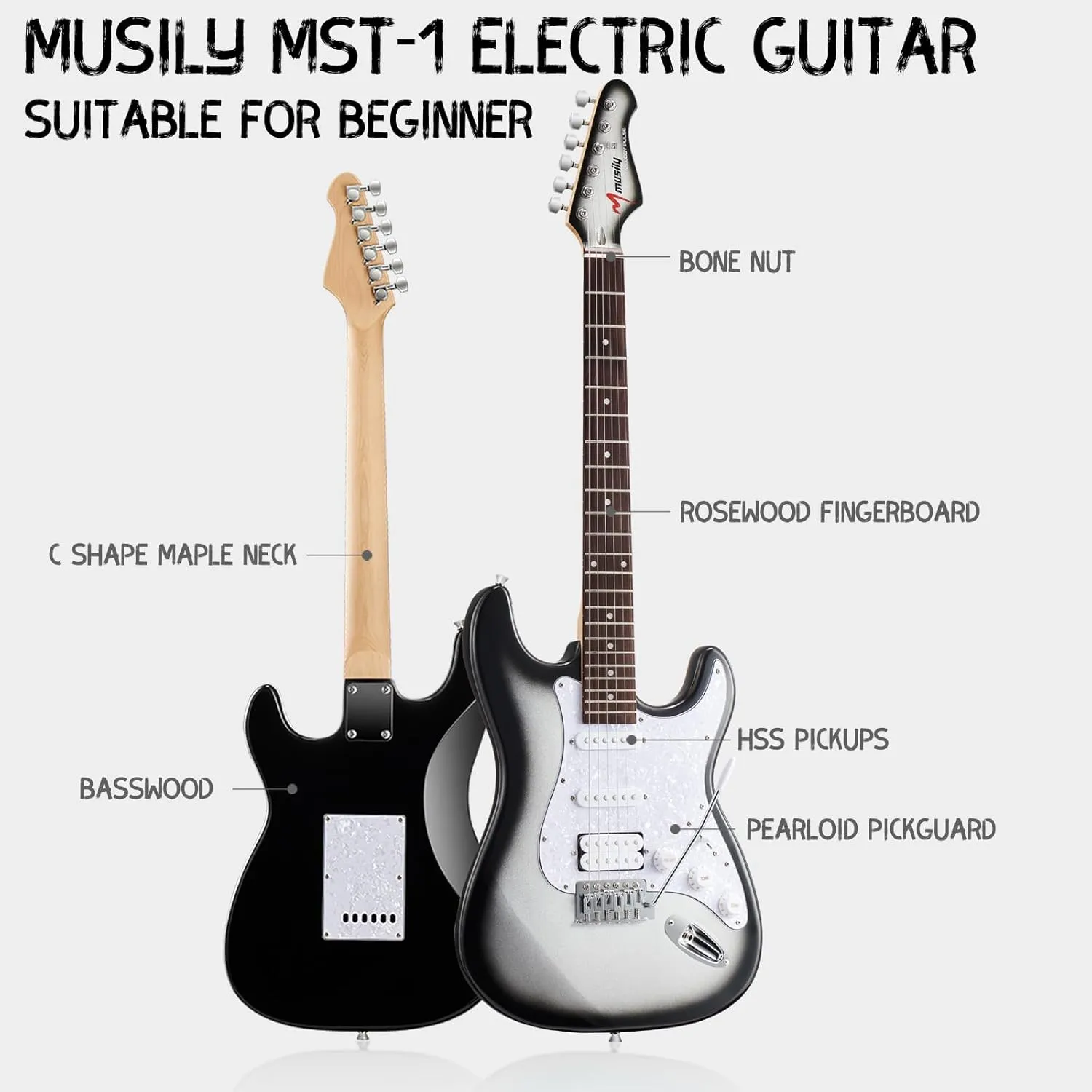 MST-1 39 Inch Electric Guitar Kit, Beginner Starter Full Size Solid Body Electric Guitar With HSS Pickups, Gig Bag, Amplifier, Strap, Cable, Picks, String (SilverBurst)
