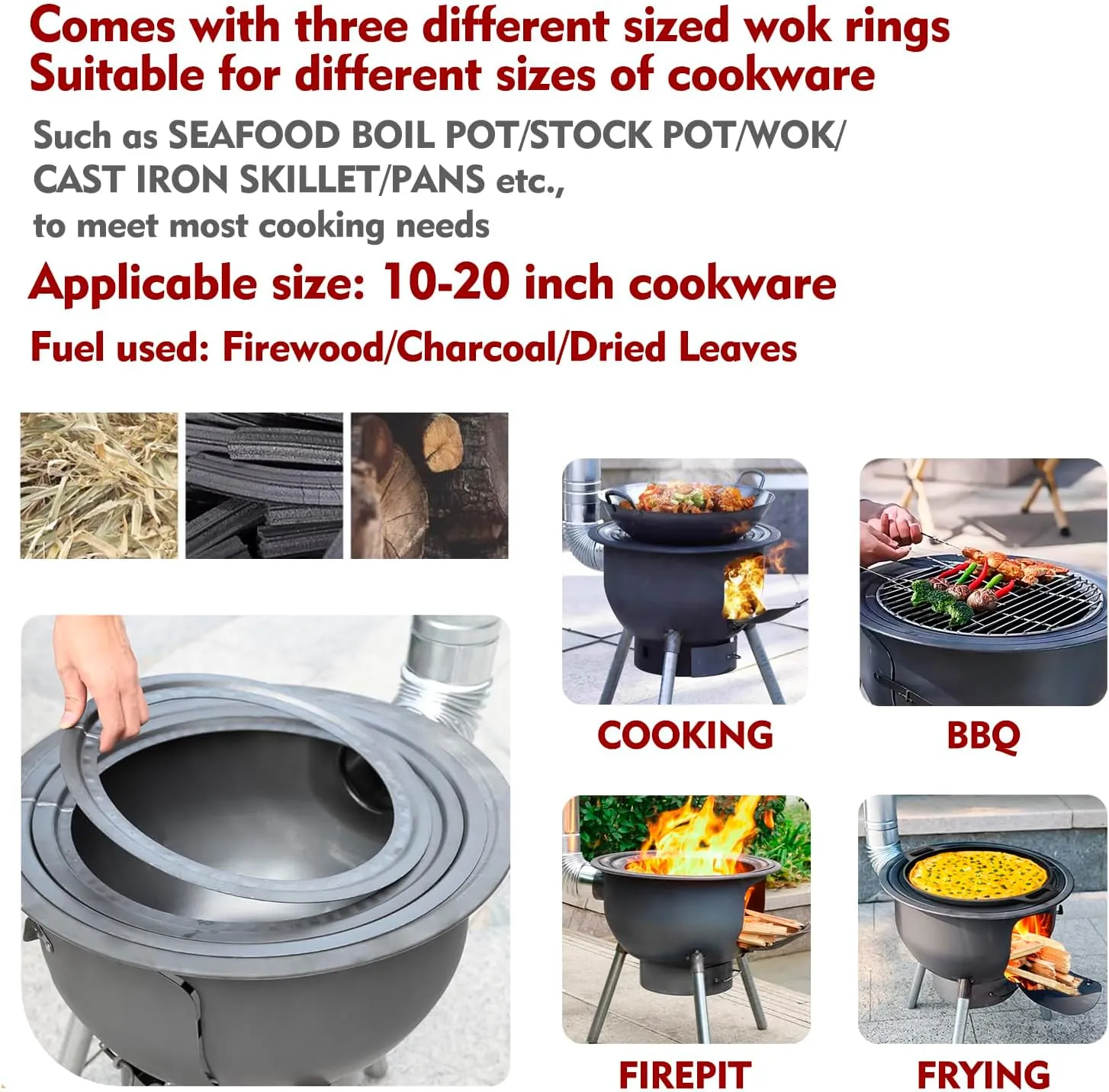 Multifunction Large Portable Charcoal Grill,Heavy-duty Wood Burning Stove with Grill Rack(17 Inches),Camping Rocket Stove for Outdoor/Backyard Cooking,Off Grid Living Supplies,X-Large D:21 Inches