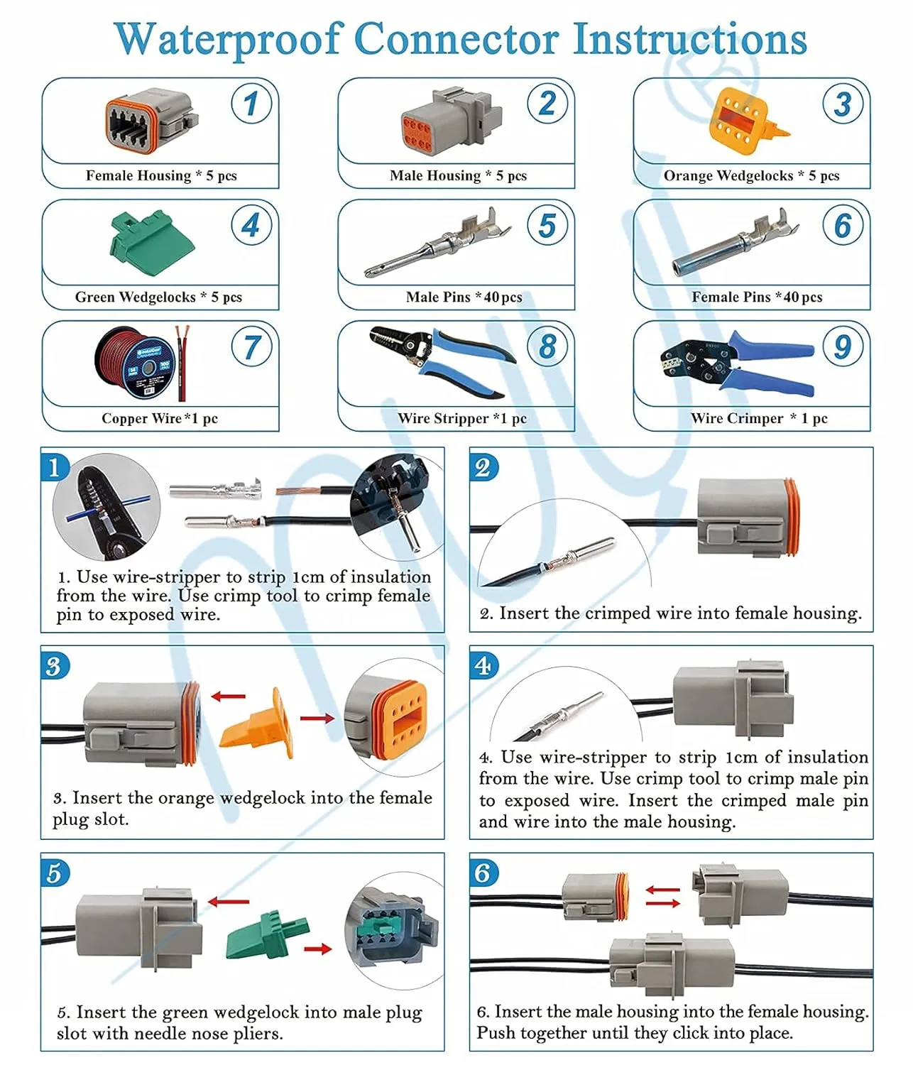 MUYI 5 Kit 8 Pin Way DT Series Connector Gray Receptacle IP67 Waterproof Heavy Duty 14-18 AWG 13 Amps Continuous DT04-8P DT06-8S w/Wedge Lock W8P W8S (5 Kits, 8 Pin)