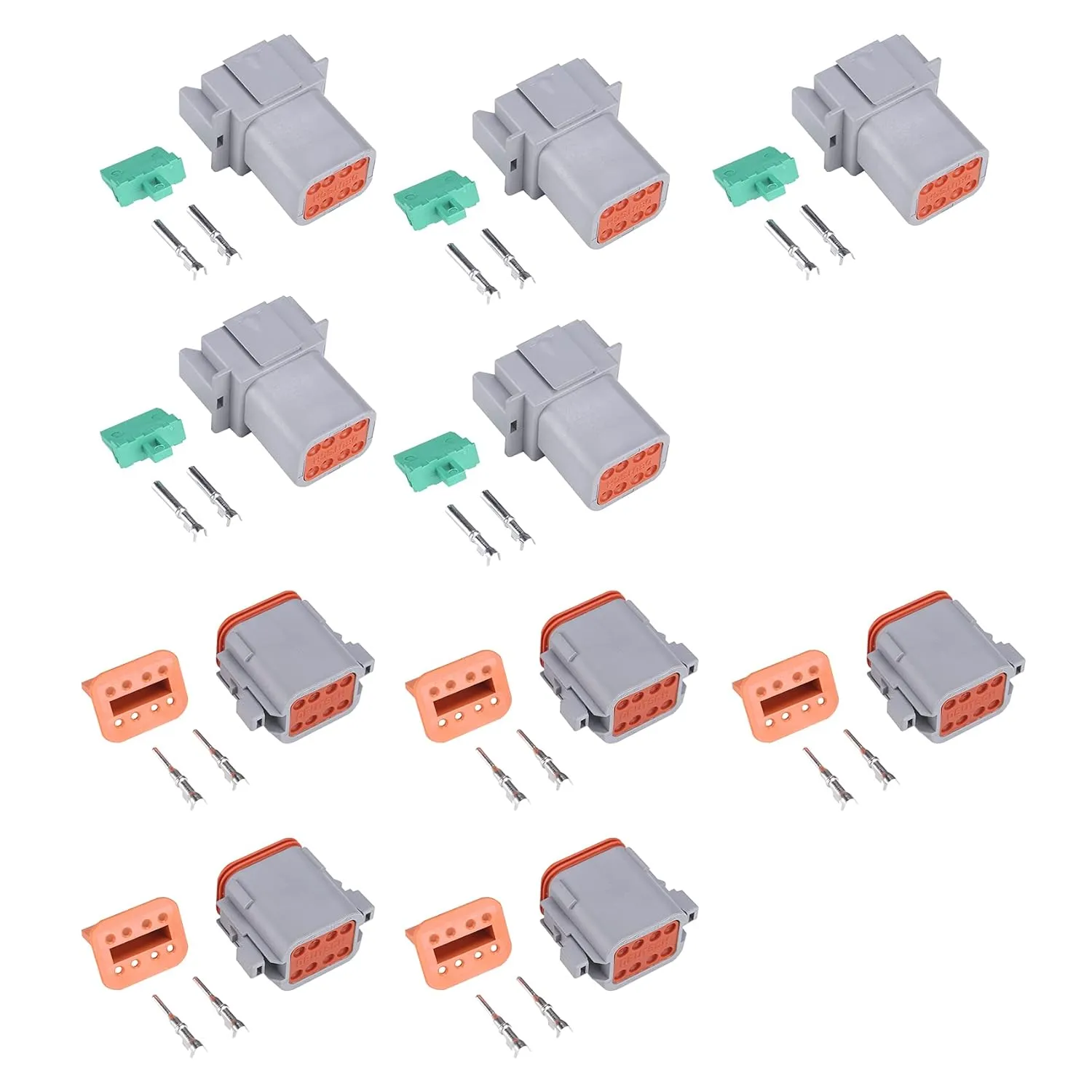 MUYI 5 Kit 8 Pin Way DT Series Connector Gray Receptacle IP67 Waterproof Heavy Duty 14-18 AWG 13 Amps Continuous DT04-8P DT06-8S w/Wedge Lock W8P W8S (5 Kits, 8 Pin)
