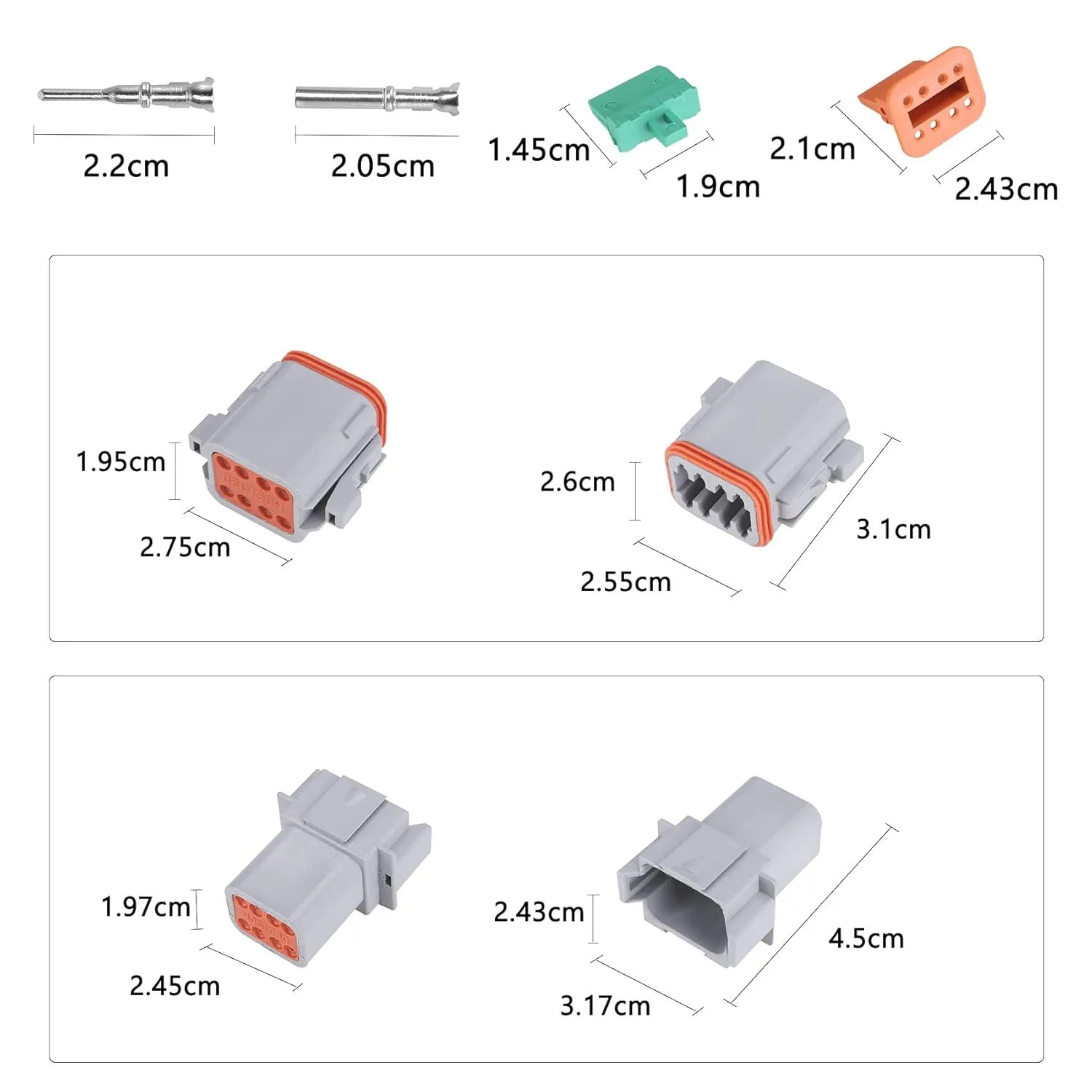 MUYI 5 Kit 8 Pin Way DT Series Connector Gray Receptacle IP67 Waterproof Heavy Duty 14-18 AWG 13 Amps Continuous DT04-8P DT06-8S w/Wedge Lock W8P W8S (5 Kits, 8 Pin)