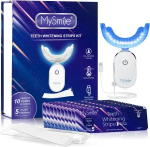 MySmile Non-Sensitive 10Pcs Teeth Whitening Strips Kit with Waterproof 28X LED Light 10-Min Fast Remove Coffee Wine Tobacco 20 Years of Stains Whitening Tooth Care Oral Safe for Enamel