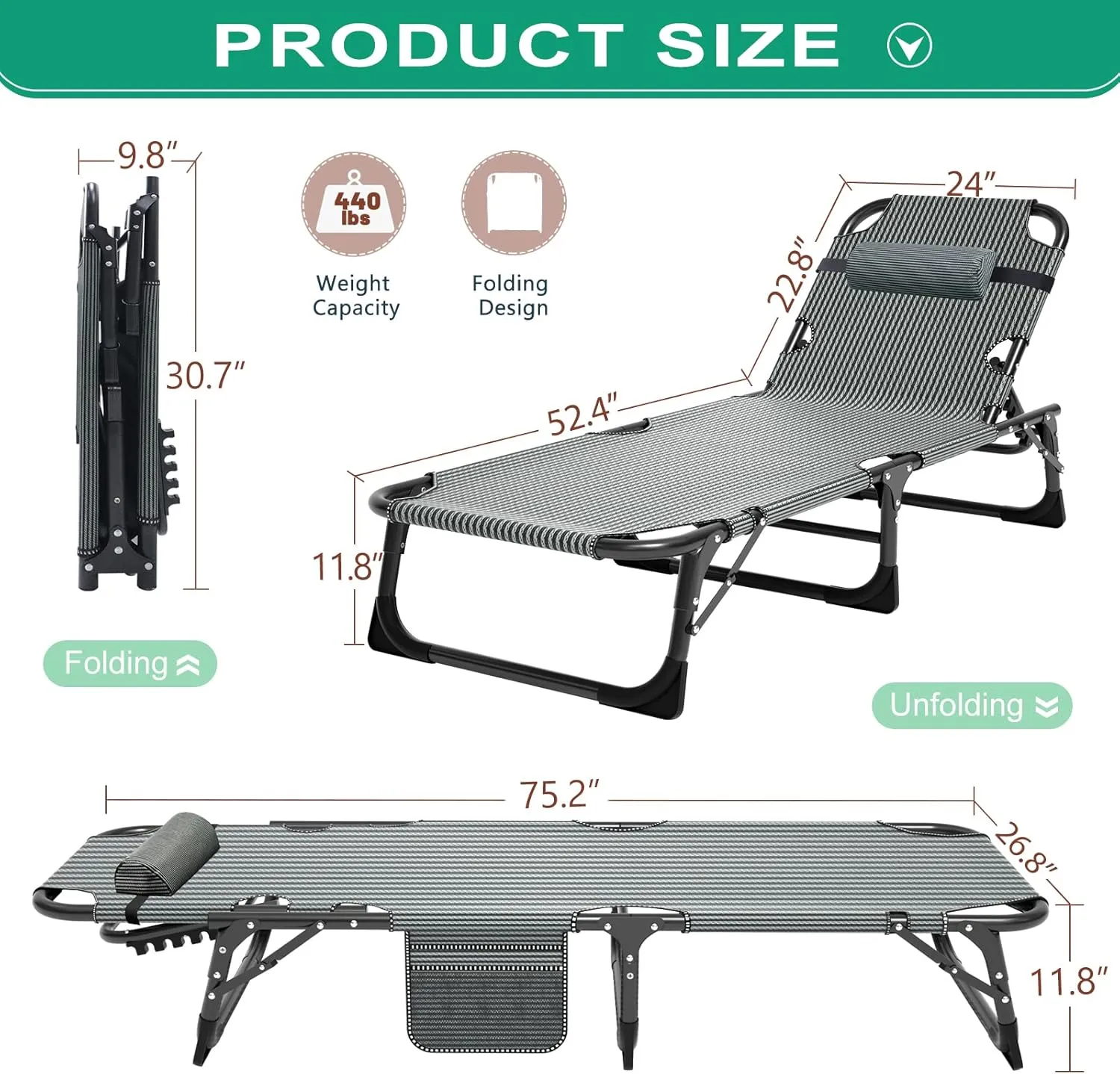 NAIZEA Folding Camping Cot W/Mat for Adults, Adjustable Lounge Chair Outdoor, Heavy Duty Sleeping Cot Bed, Travel Camp Cots for Pool, Beach, Patio Sunbathing