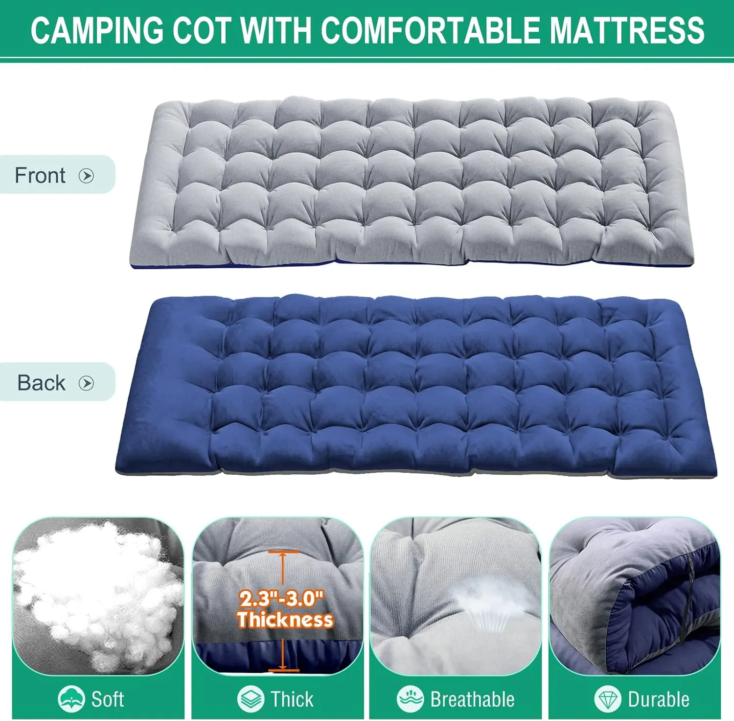 NAIZEA Folding Camping Cot W/Mat for Adults, Adjustable Lounge Chair Outdoor, Heavy Duty Sleeping Cot Bed, Travel Camp Cots for Pool, Beach, Patio Sunbathing