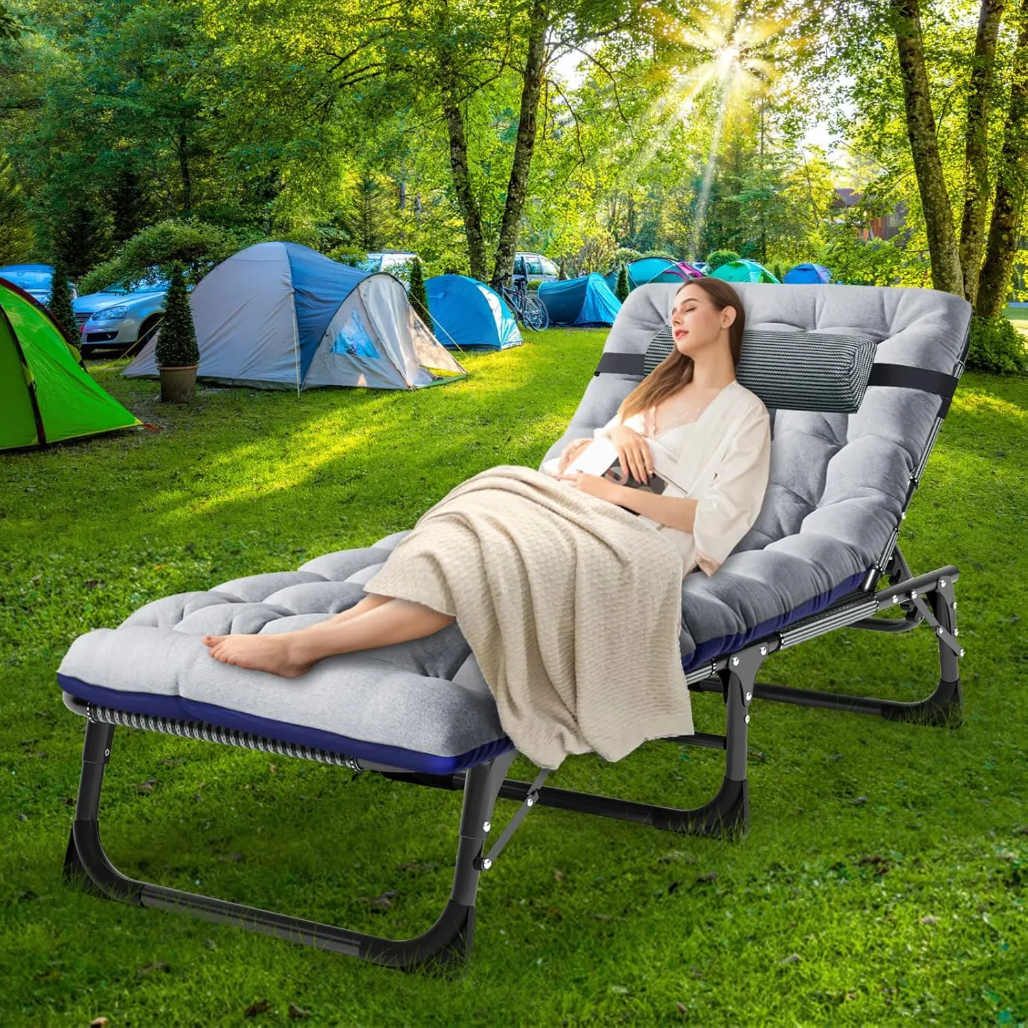 NAIZEA Folding Camping Cot W/Mat for Adults, Adjustable Lounge Chair Outdoor, Heavy Duty Sleeping Cot Bed, Travel Camp Cots for Pool, Beach, Patio Sunbathing