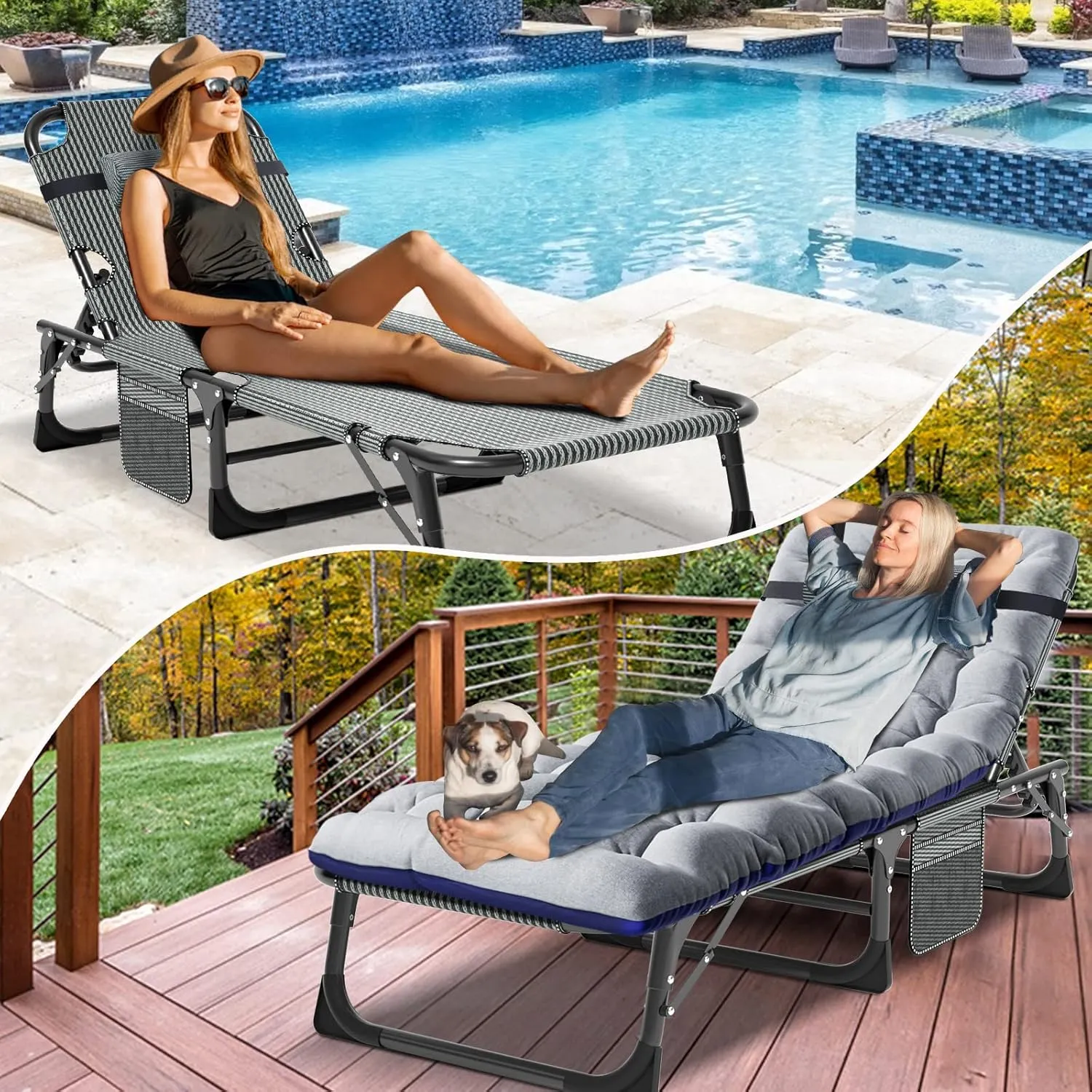NAIZEA Folding Camping Cot W/Mat for Adults, Adjustable Lounge Chair Outdoor, Heavy Duty Sleeping Cot Bed, Travel Camp Cots for Pool, Beach, Patio Sunbathing