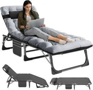 NAIZEA Folding Camping Cots, 4-Fold Sleeping Cots for Adults, Reclining Folding Chaise with Pillow, Adjustable Camping Reclining Chair, Outdoor Patio Lounge Chair for Pool, Beach, Patio, Sun Tanning