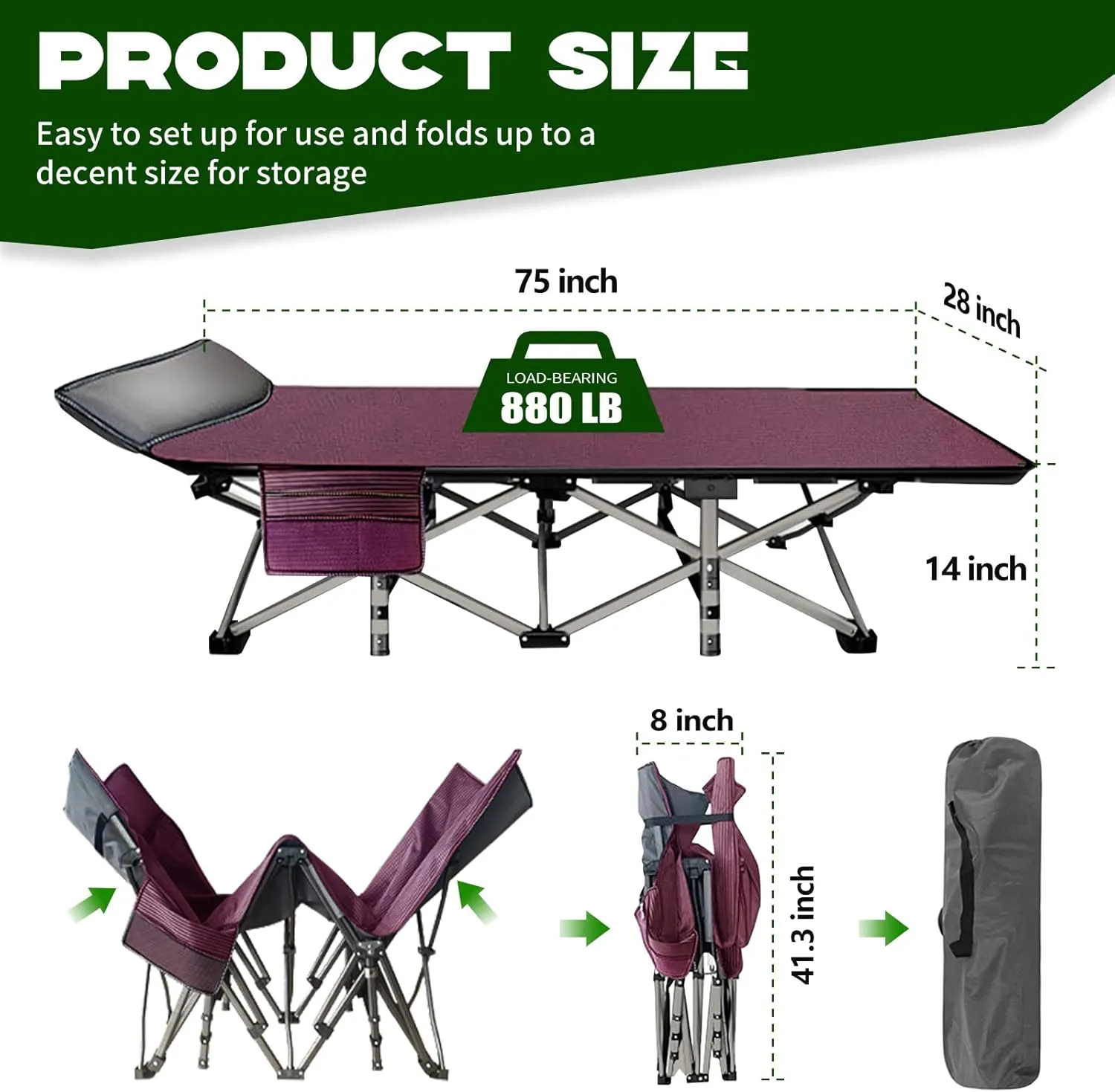NAIZEA Folding Camping Cots for Adults, Folding Cot with Mattress, Camping Foldable Bed, Portable Military Cot, Double Layer Oxford Strong Heavy Duty Sleeping Cots w/Carry Bag for Camp Office Trave