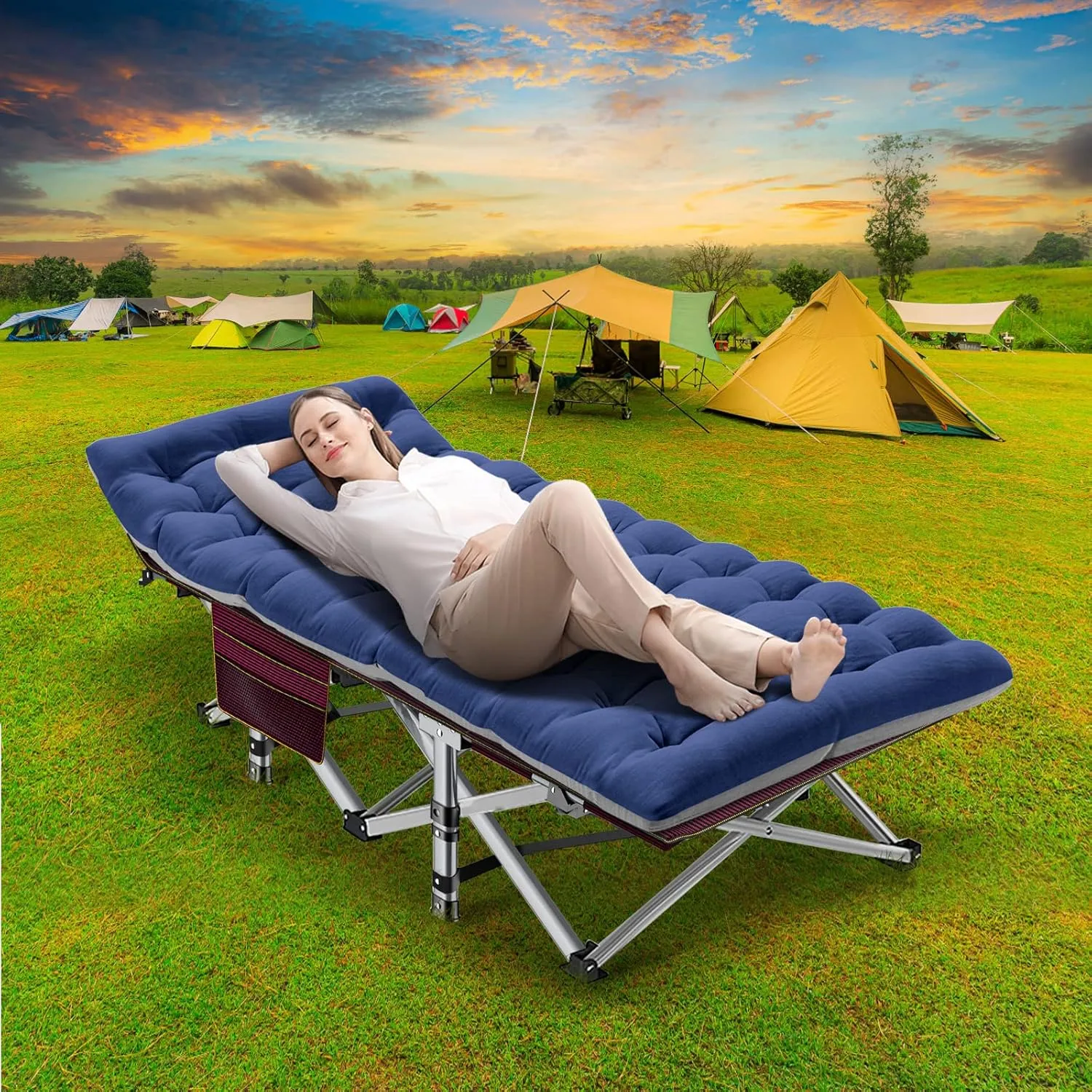 NAIZEA Folding Camping Cots for Adults, Folding Cot with Mattress, Camping Foldable Bed, Portable Military Cot, Double Layer Oxford Strong Heavy Duty Sleeping Cots w/Carry Bag for Camp Office Trave