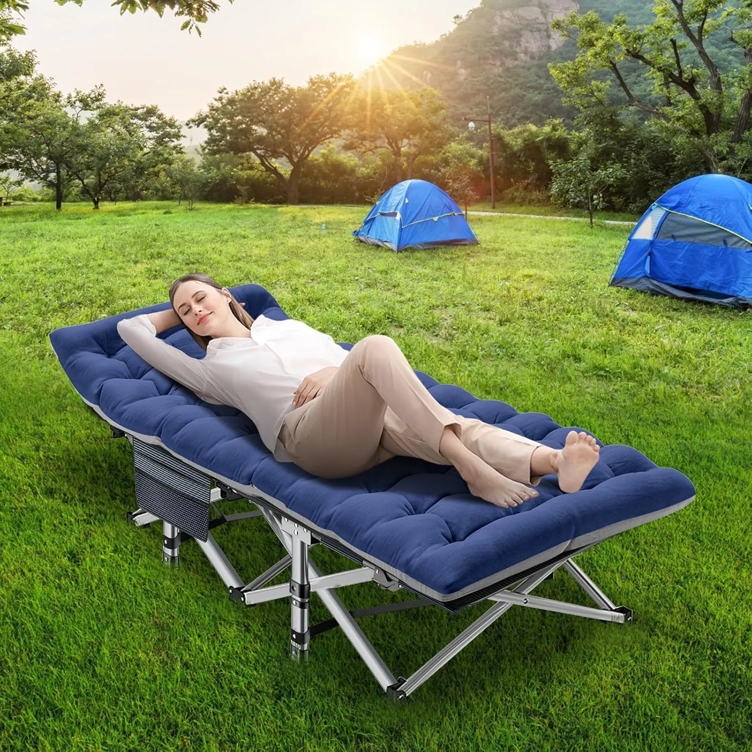 NAIZEA Folding Camping Cots for Adults, Portable Cot with Mattress Heavy Duty Outdoor Bed with Carry Bag 1200d Oxford Cloth Sleeping Cots for Camping Office Nap Home Guest Beach Travel