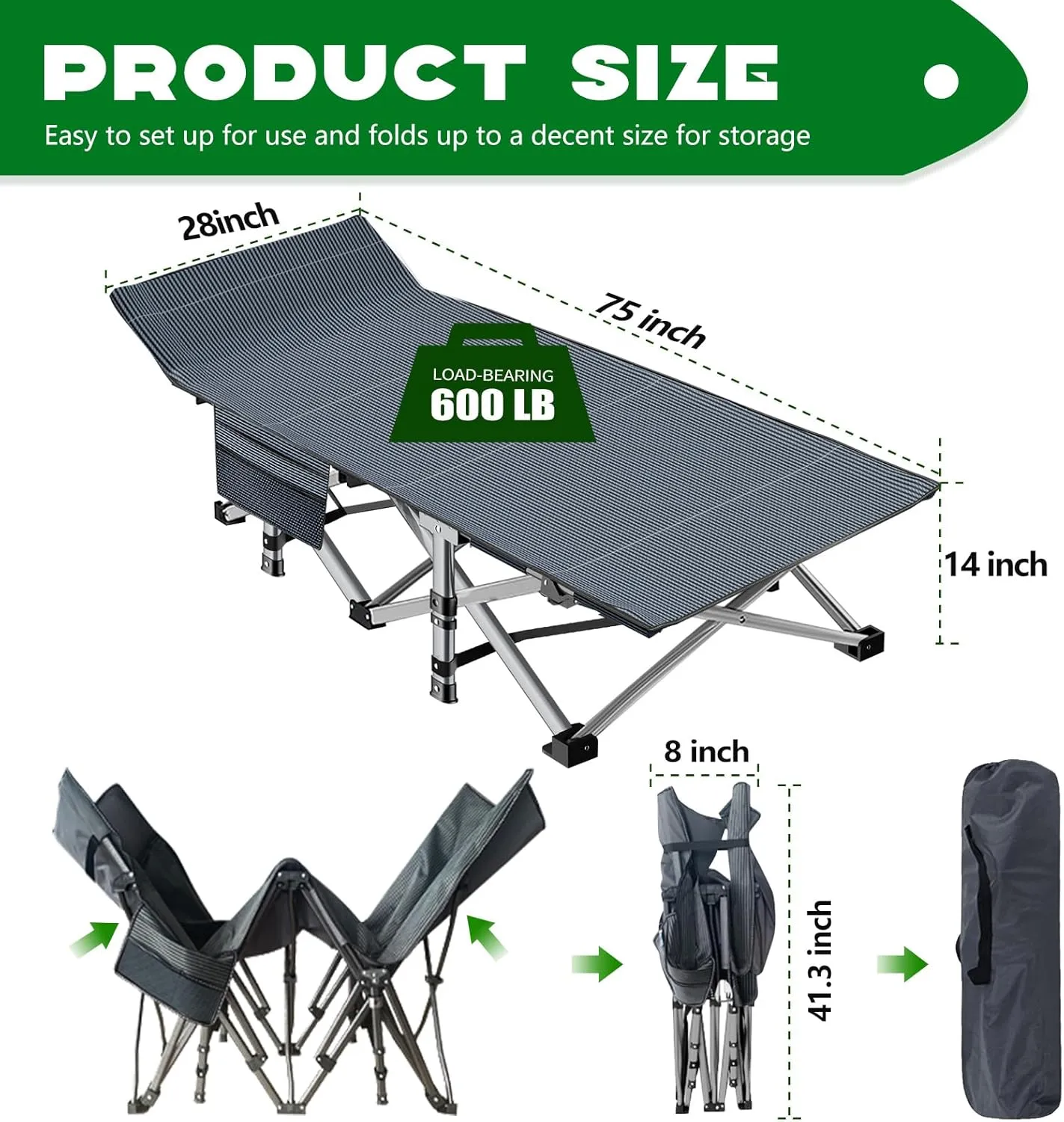NAIZEA Folding Camping Cots for Adults, Portable Cot with Mattress Heavy Duty Outdoor Bed with Carry Bag 1200d Oxford Cloth Sleeping Cots for Camping Office Nap Home Guest Beach Travel