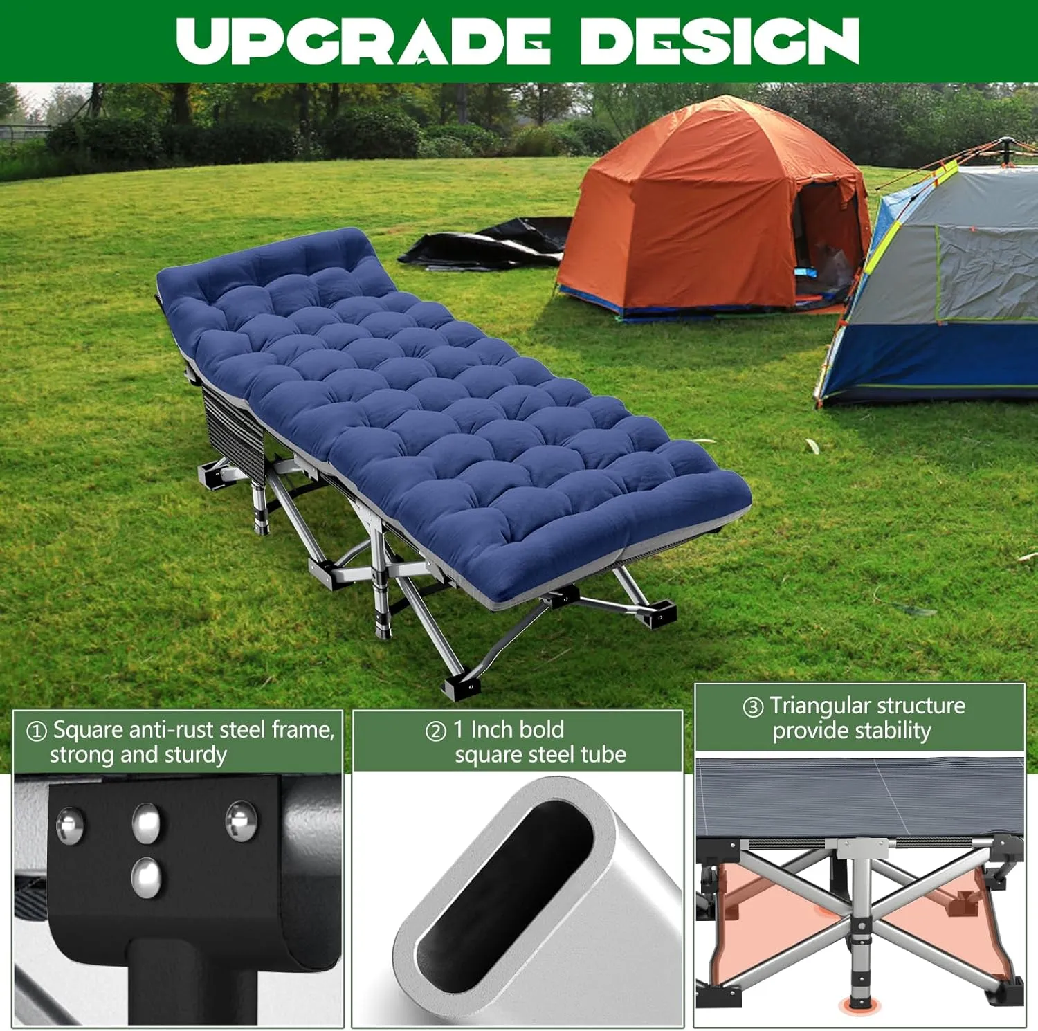 NAIZEA Folding Camping Cots for Adults, Portable Cot with Mattress Heavy Duty Outdoor Bed with Carry Bag 1200d Oxford Cloth Sleeping Cots for Camping Office Nap Home Guest Beach Travel