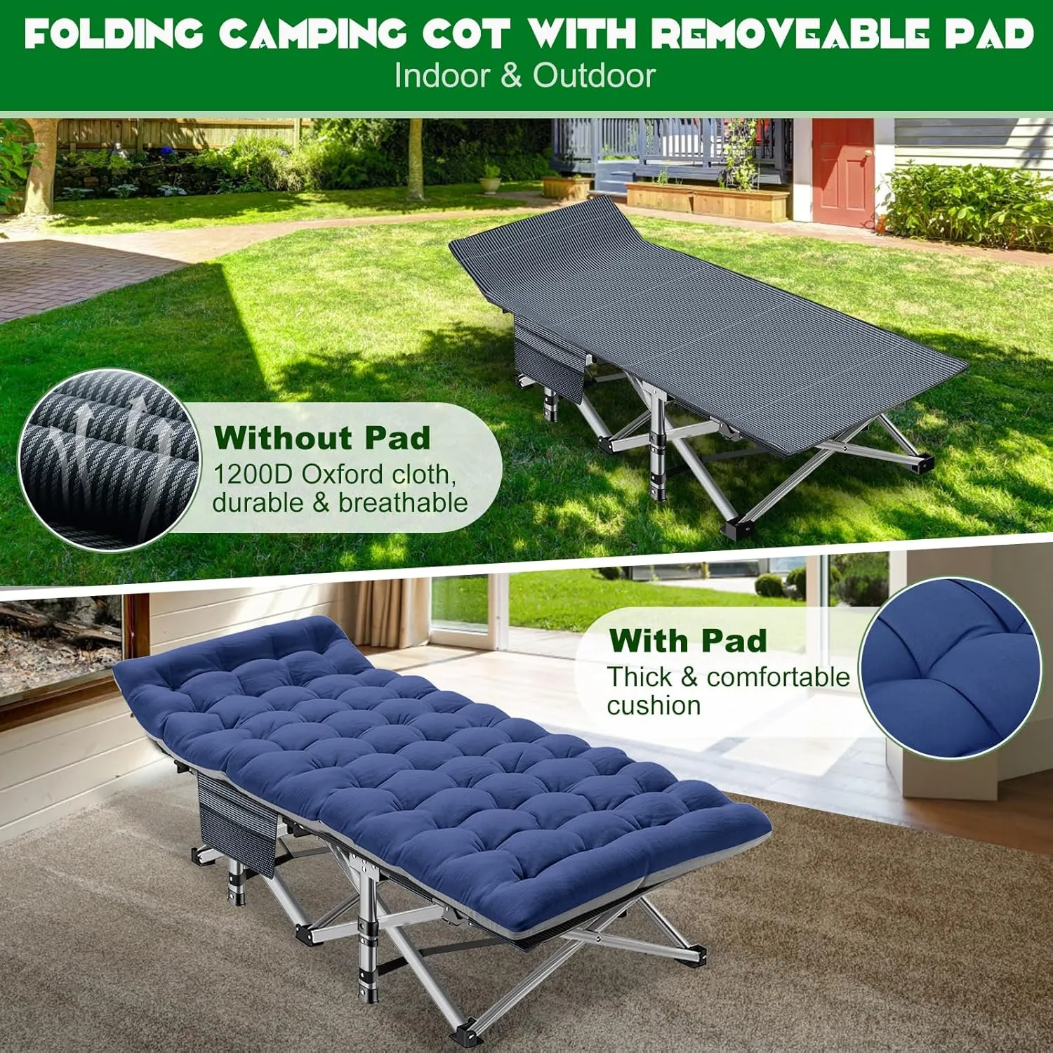 NAIZEA Folding Camping Cots for Adults, Portable Cot with Mattress Heavy Duty Outdoor Bed with Carry Bag 1200d Oxford Cloth Sleeping Cots for Camping Office Nap Home Guest Beach Travel