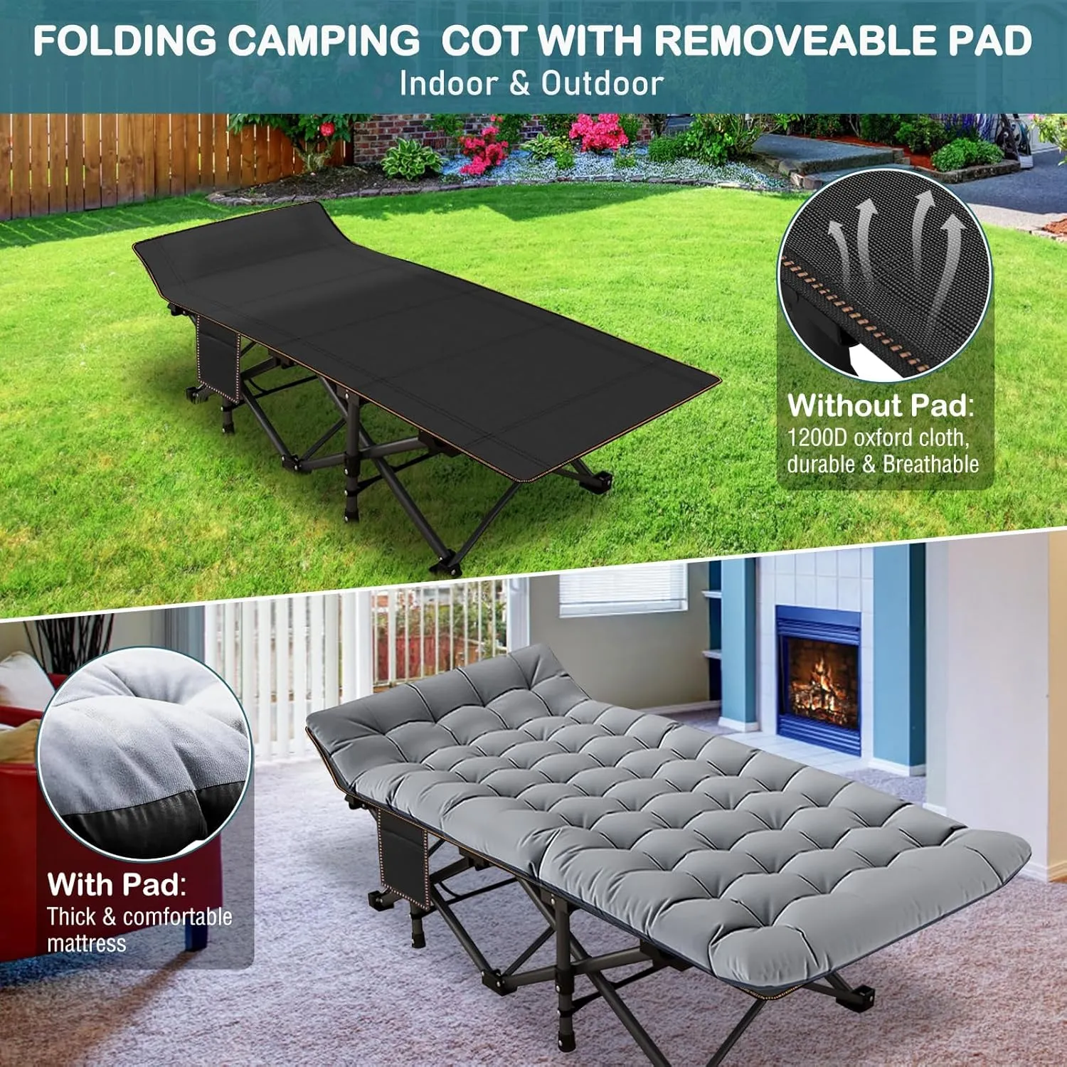 NAIZEA Oversized XXL Folding Camping Cot for Adults, Heavy Duty Outdoor Bed with Carry Bag, Portable Sleeping Bed for Outdoor Travel Camp Beach Vacation