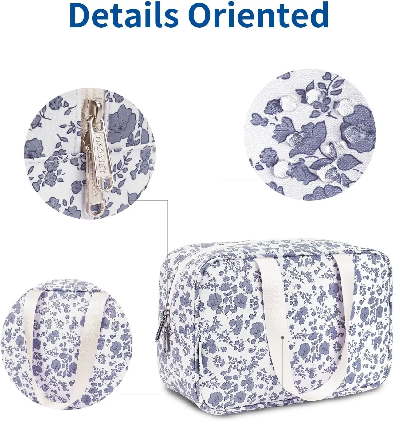 Narwey Full Size Toiletry Bag Women Large Cosmetic Bag Travel Makeup Bag Organizer Medicine Bag for Toiletries Essentials Accessories (Little Grayish Blue Flower, Large)