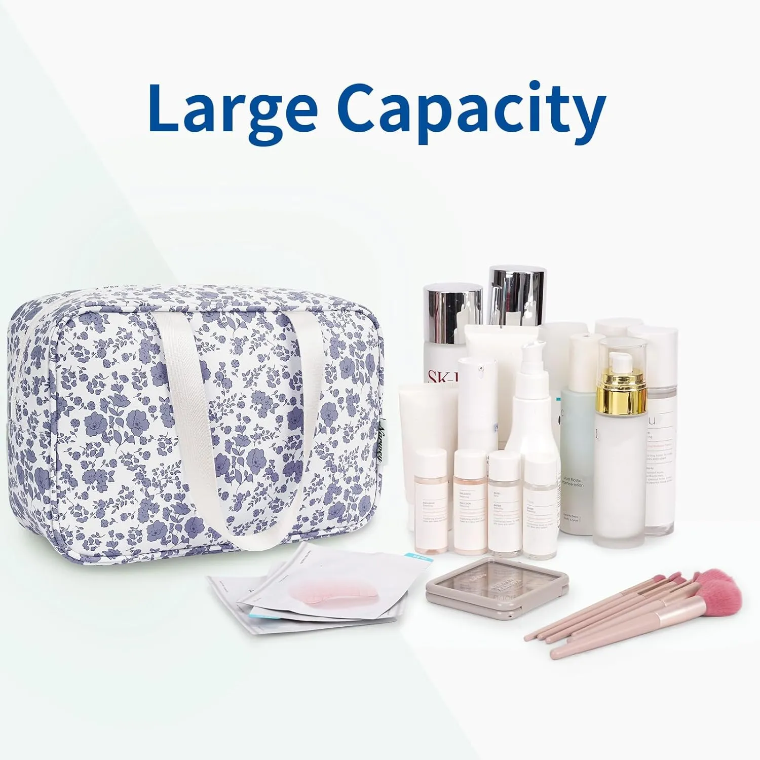 Narwey Full Size Toiletry Bag Women Large Cosmetic Bag Travel Makeup Bag Organizer Medicine Bag for Toiletries Essentials Accessories (Little Grayish Blue Flower, Large)