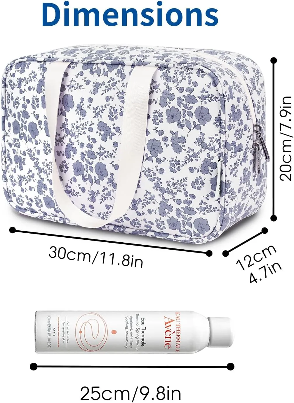 Narwey Full Size Toiletry Bag Women Large Cosmetic Bag Travel Makeup Bag Organizer Medicine Bag for Toiletries Essentials Accessories (Little Grayish Blue Flower, Large)