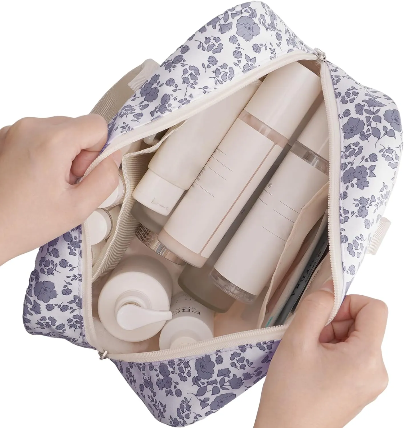 Narwey Full Size Toiletry Bag Women Large Cosmetic Bag Travel Makeup Bag Organizer Medicine Bag for Toiletries Essentials Accessories (Little Grayish Blue Flower, Large)